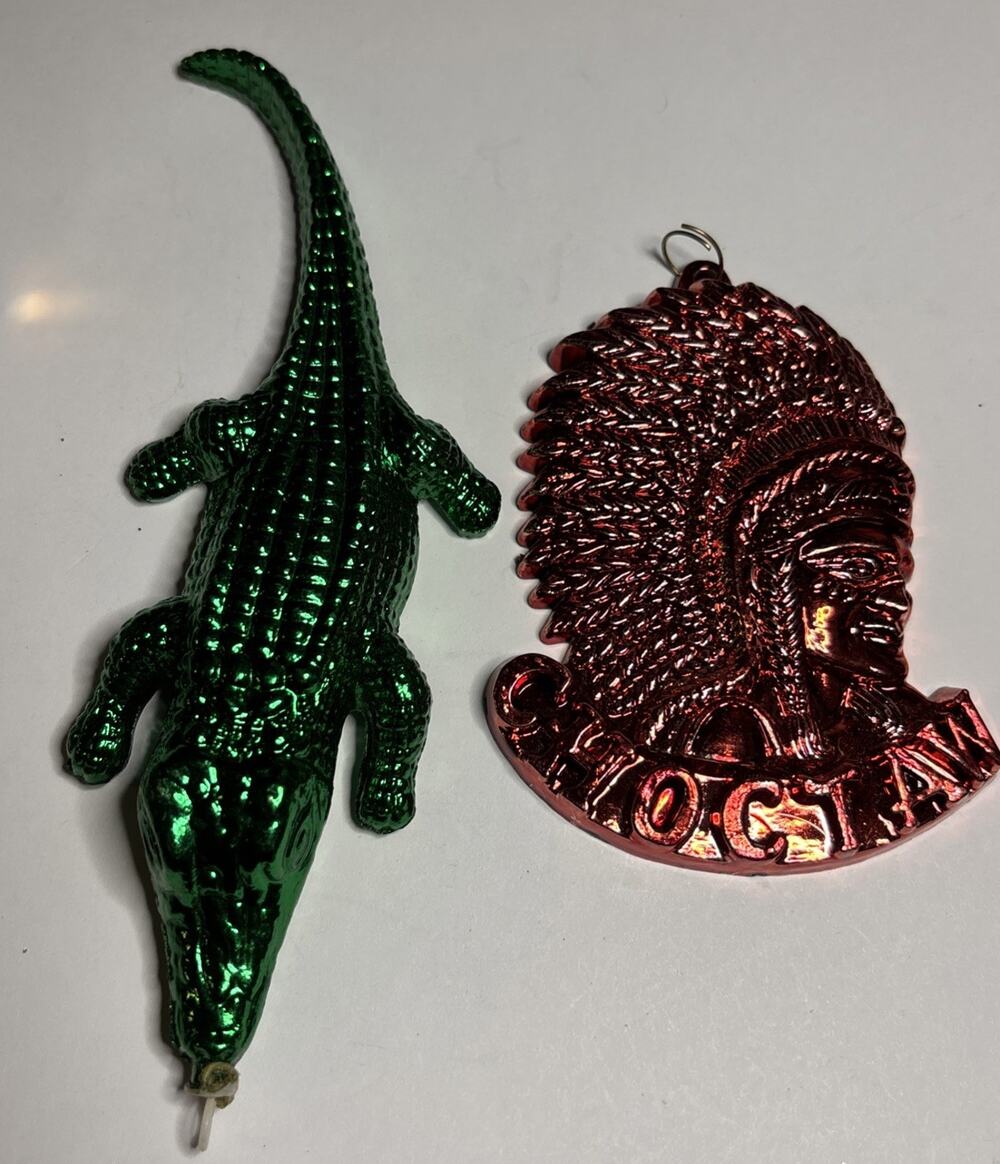 Mardi Gras Ornament Lot Green Alligator Red Krewe of Choctaw Medallion 2 Pc